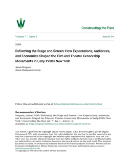 Reforming the Stage and Screen: How Expectations, Audiences, and Economics Shaped the Film and Theatre Censorship Movements in Early-1930S New York