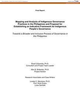 Mapping and Analysis of Indigenous Governance Practices in the Philippines and Proposal for Establishing an Indicative Framework for Indigenous People’S Governance