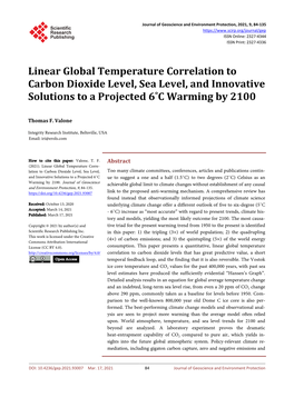 Linear Global Temperature Correlation to Carbon Dioxide Level, Sea Level, and Innovative Solutions to a Projected 6˚C Warming by 2100