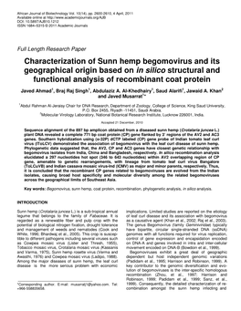 Characterization of Sunn Hemp Begomovirus and Its Geographical Origin Based on in Silico Structural and Functional Analysis of Recombinant Coat Protein