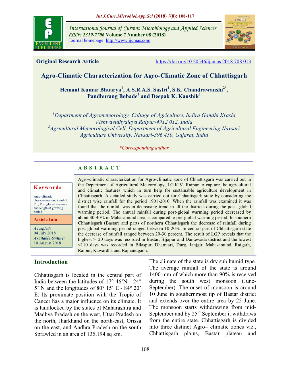 Agro-Climatic Characterization for Agro-Climatic Zone of Chhattisgarh