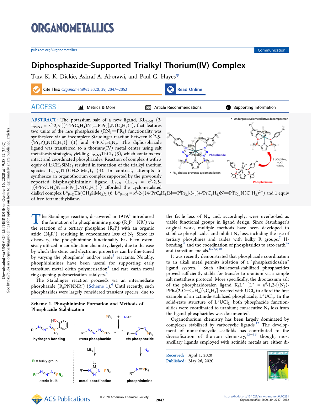 Diphosphazide-Supported Trialkyl Thorium(IV) Complex Tara K