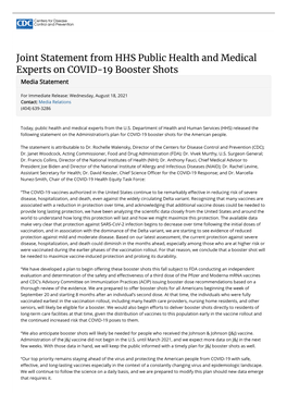 Joint Statement from HHS Public Health and Medical Experts on COVID-19 Booster Shots Media Statement