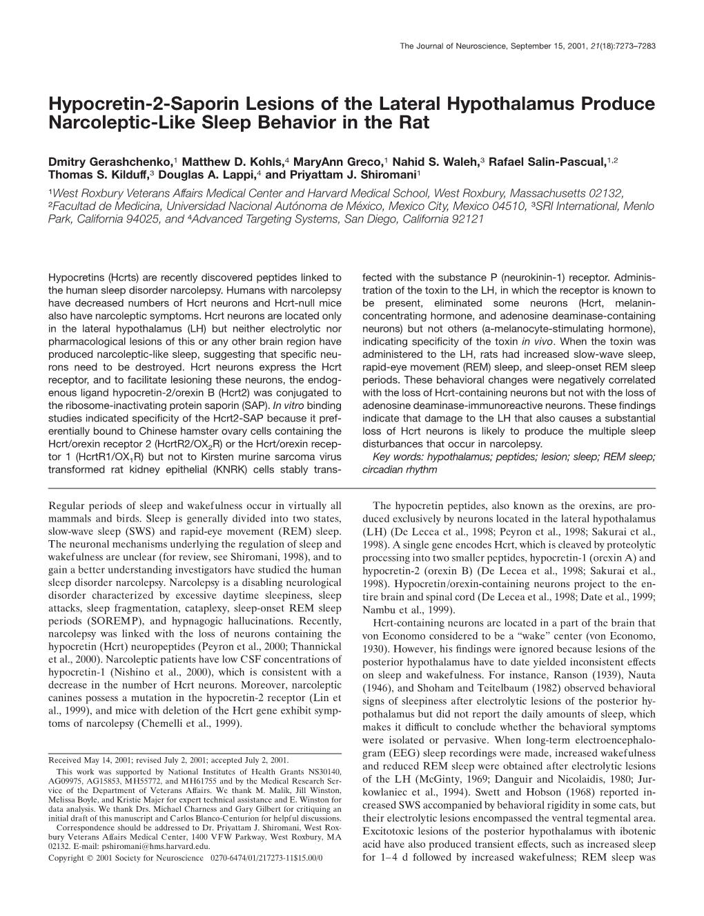 Hypocretin-2-Saporin Lesions of the Lateral Hypothalamus Produce Narcoleptic-Like Sleep Behavior in the Rat