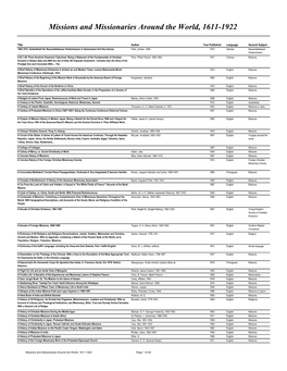 Missions and Missionaries Around the World, 1611-1922