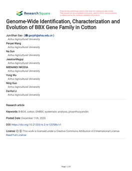 Genome-Wide Identi Cation, Characterization and Evolution of BBX Gene Family in Cotton