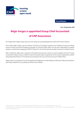 Régis Vergez Is Appointed Group Chief Accountant of CNP Assurances