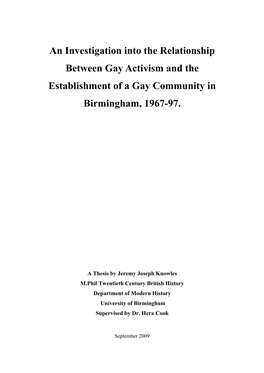 An Investigation Into the Relationship Between Gay Activism and the Establishment of a Gay Community in Birmingham, 1967-97