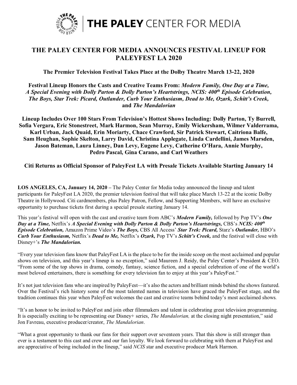 The Paley Center for Media Announces Festival Lineup for Paleyfest La 2020