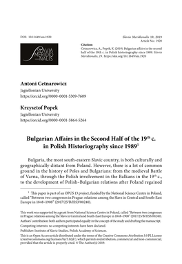 Bulgarian Affairs in the Second Half of the 19Th C. in Polish Historiography Since 1989