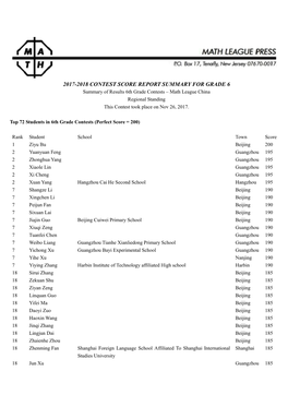 GRADE 6 Summary of Results 6Th Grade Contests – Math League China Regional Standing This Contest Took Place on Nov 26, 2017