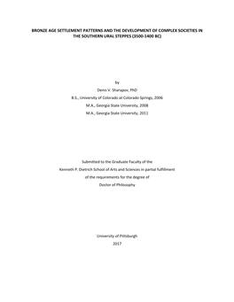 Bronze Age Settlement Patterns and the Development of Complex Societies in the Southern Ural Steppes (3500-1400 Bc)