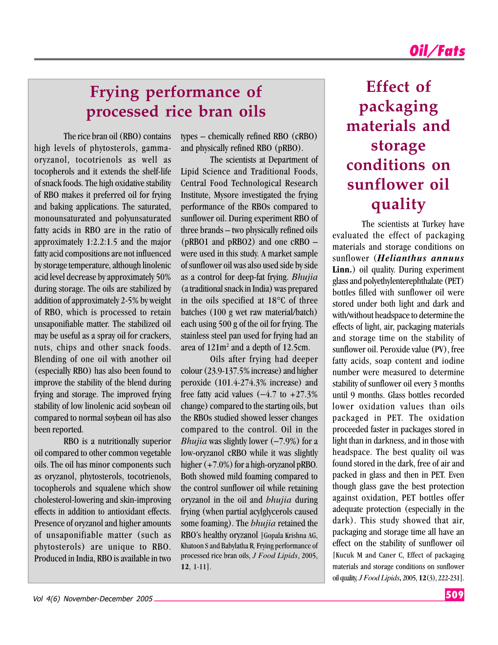 Frying Performance of Processed Rice Bran Oils Effect of Packaging