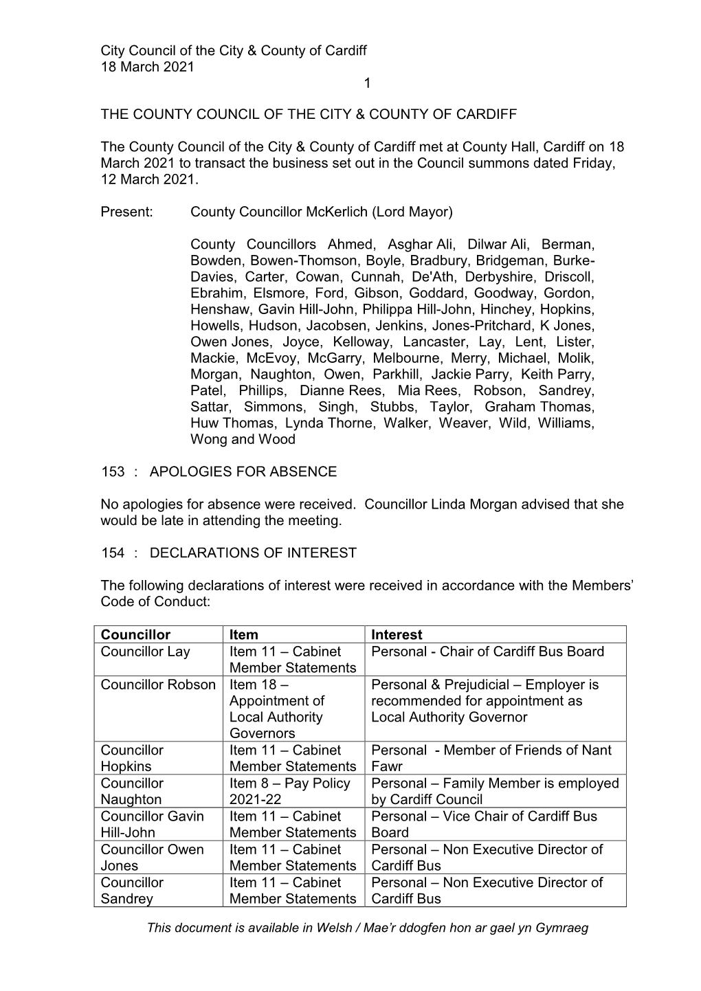 City Council of the City & County of Cardiff 18 March 2021 1