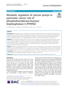 Metabolic Regulation of Calcium Pumps in Pancreatic Cancer: Role of Phosphofructokinase-Fructose- Bisphosphatase-3 (PFKFB3) D