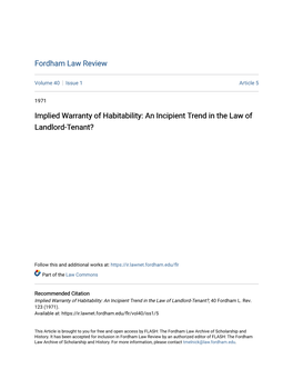 Implied Warranty of Habitability: an Incipient Trend in the Law of Landlord-Tenant?