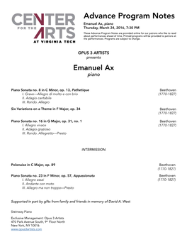 Advance Program Notes Emanuel Ax, Piano Thursday, March 24, 2016, 7:30 PM