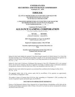 ALLIANCE GAMING CORPORATION (Exact Name of Registrant As Specified in Its Charter)