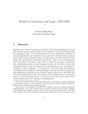 Models in Geometry and Logic: 1870-1920 ∗
