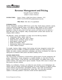 Revenue Management and Pricing Sample Course Syllabus (Subject to Minor Revisions)