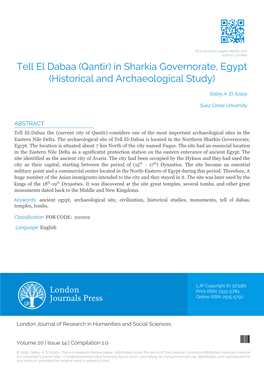 Tell El Dabaa (Qantir) in Sharkia Governorate, Egypt (Historical and Archaeological Study)