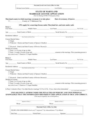 STATE of MARYLAND MARRIAGE LICENSE APPLICATION (For Use During COVID-19 Emergency Only)