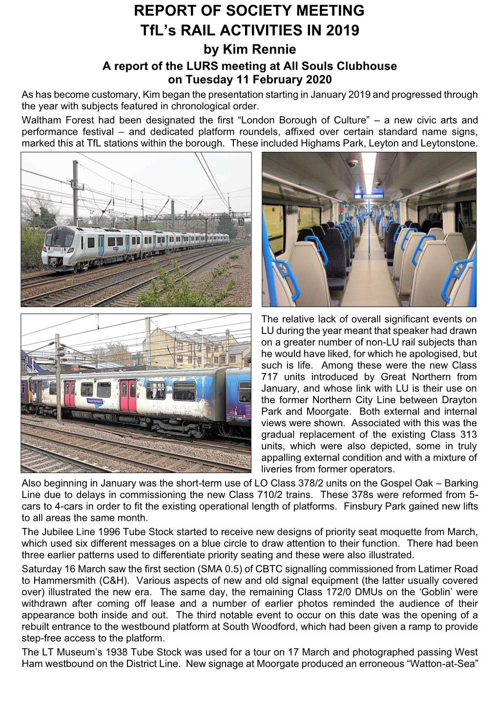 REPORT of SOCIETY MEETING Tfl's RAIL ACTIVITIES in 2019