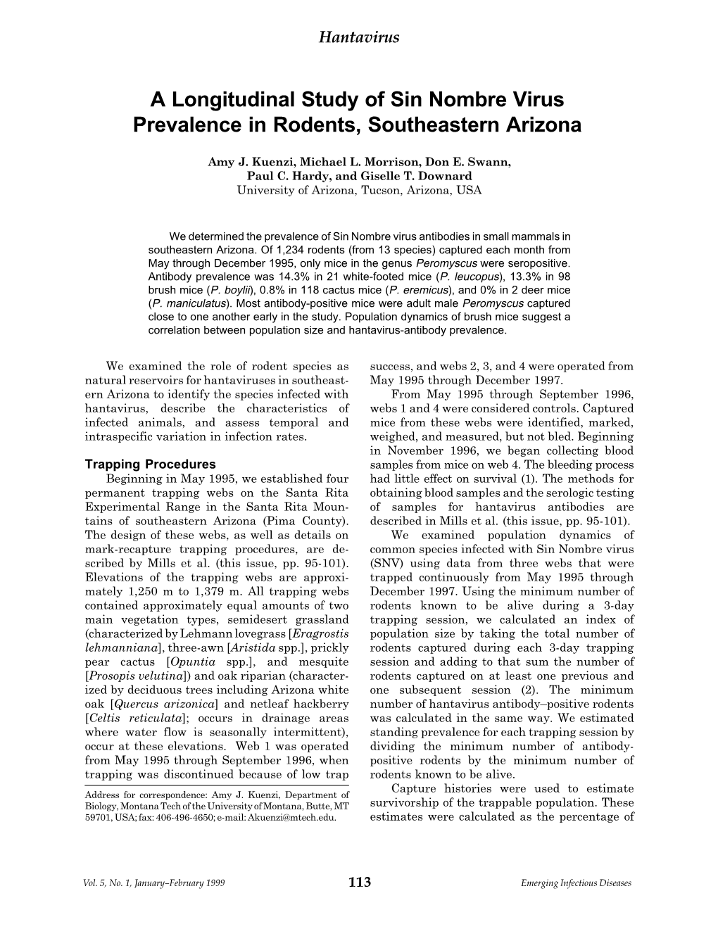 A Longitudinal Study of Sin Nombre Virus Prevalence in Rodents, Southeastern Arizona