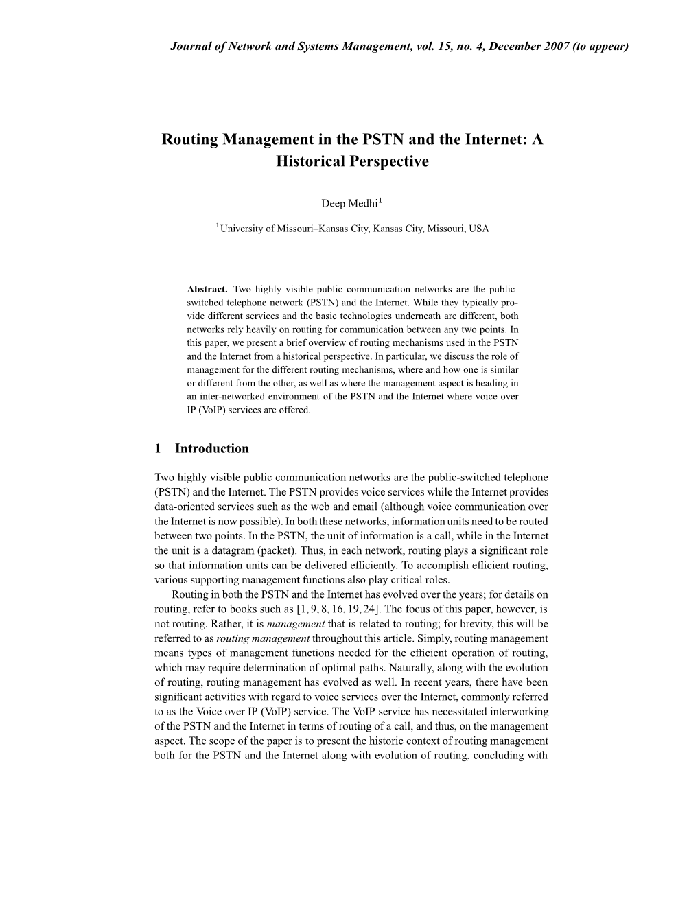 Routing Management in the PSTN and the Internet: a Historical Perspective