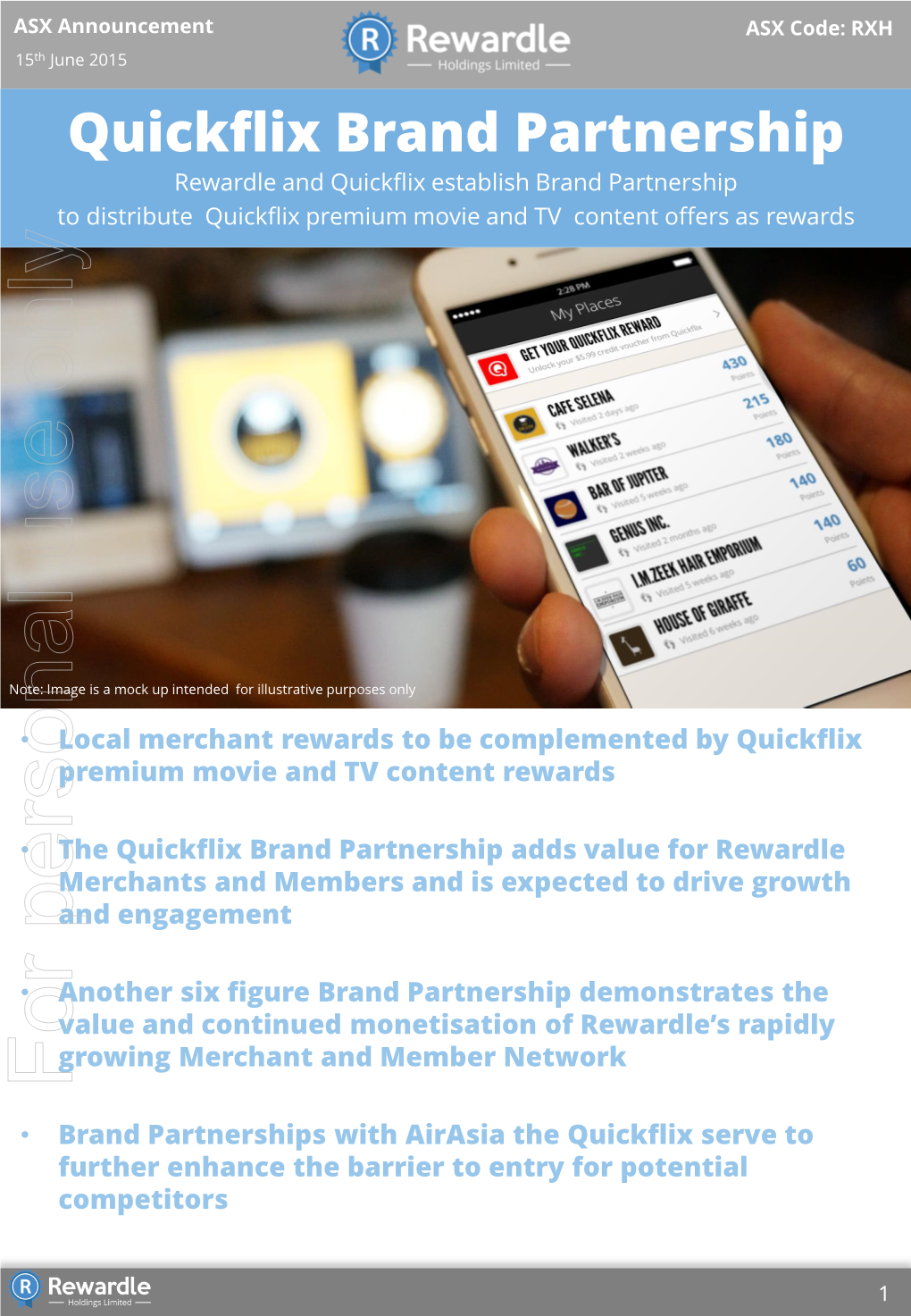 Quickflix Brand Partnership Rewardle and Quickflix Establish Brand Partnership to Distribute Quickflix Premium Movie and TV Content Offers As Rewards