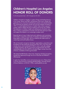 HONOR ROLL of DONORS for the Time Period of July 1, 2011 Through June 30, 2012