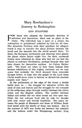 Mary Rowlandson's Journey to Redemption ANN STANFORD Ior