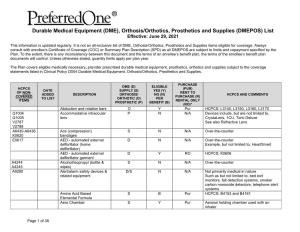 Durable Medical Equipment (DME), Orthosis/Orthotics, Prosthetics and Supplies (DMEPOS) List Effective: June 29, 2021