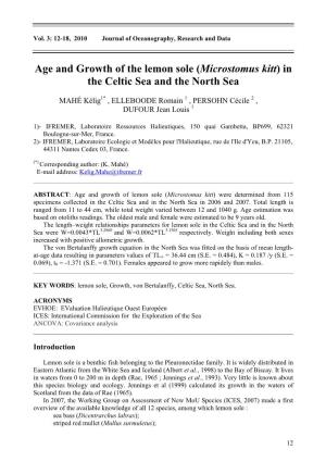 Age and Growth of the Lemon Sole (Microstomus Kitt) in the Celtic Sea and the North Sea