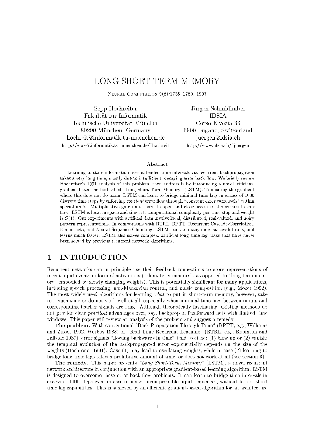 Long Short-Term Memory 1 Introduction