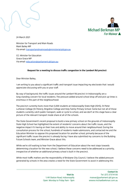 2021-03-24 Letter to Minister Bailey Re Lambert Road Traffic