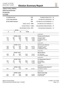 Election Summary Report EMS Adams County, Indiana 2020 General Election INADAG20 11/3/2020