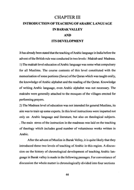 CHAPTER III INTRODUCTION of Teacfflng of ARABIC LANGUAGE in BARAK VALLEY and ITS DEVELOPMENT