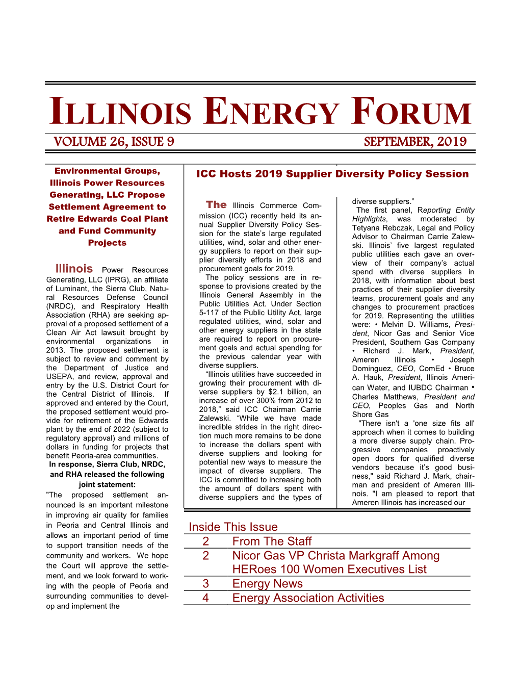 Illinois Energy Forum Volume 26, Issue 9 September, 2019