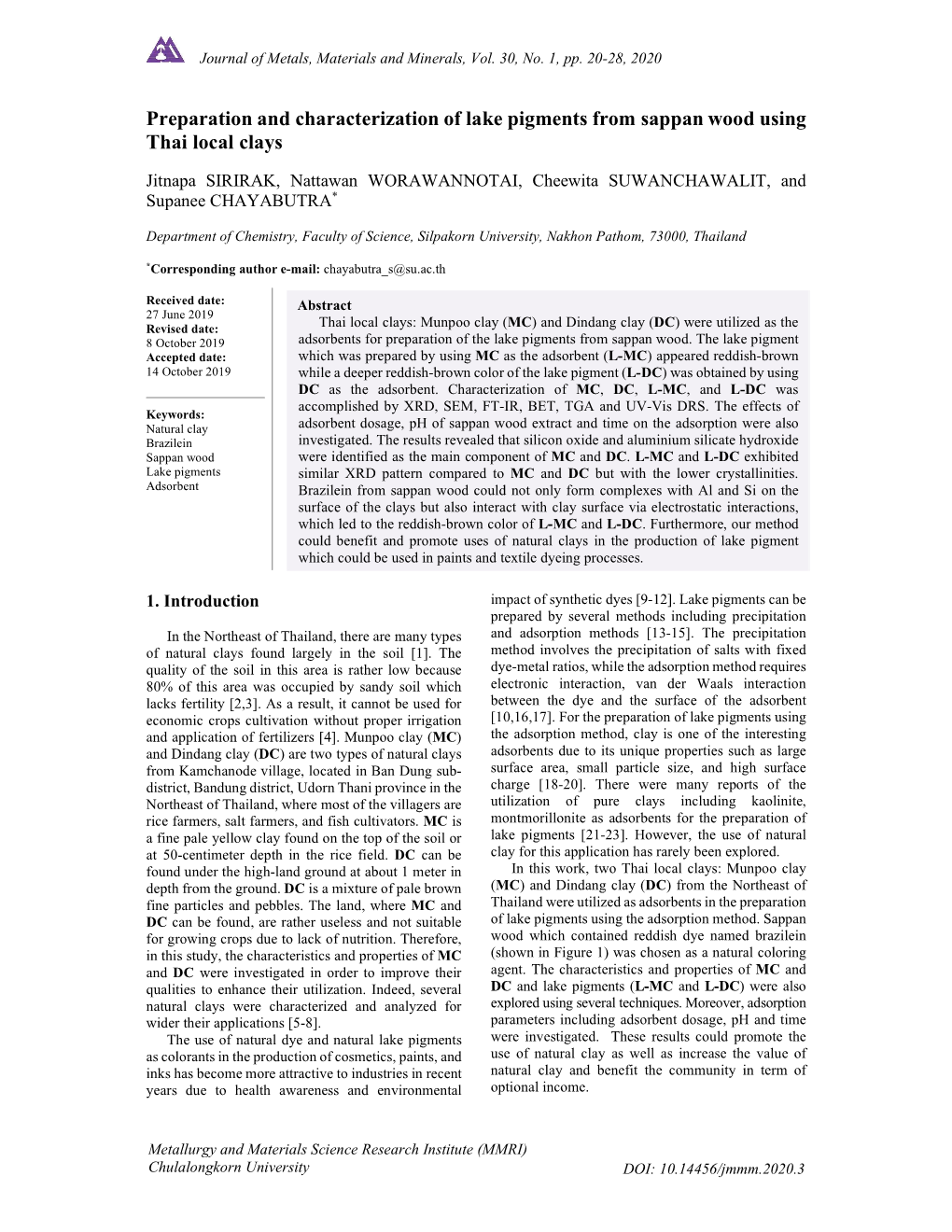 Preparation and Characterization of Lake Pigments from Sappan Wood Using Thai Local Clays