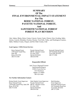 SUMMARY of the FINAL ENVIRONMENTAL IMPACT STATEMENT for the BOISE NATIONAL FOREST, PAYETTE NATIONAL FOREST, and SAWTOOTH NATIONAL FOREST FOREST PLAN REVISION