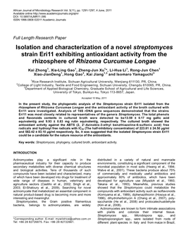 Isolation and Characterization of a Novel Streptomyces Strain Eri11 Exhibiting Antioxidant Activity from the Rhizosphere of Rhizoma Curcumae Longae