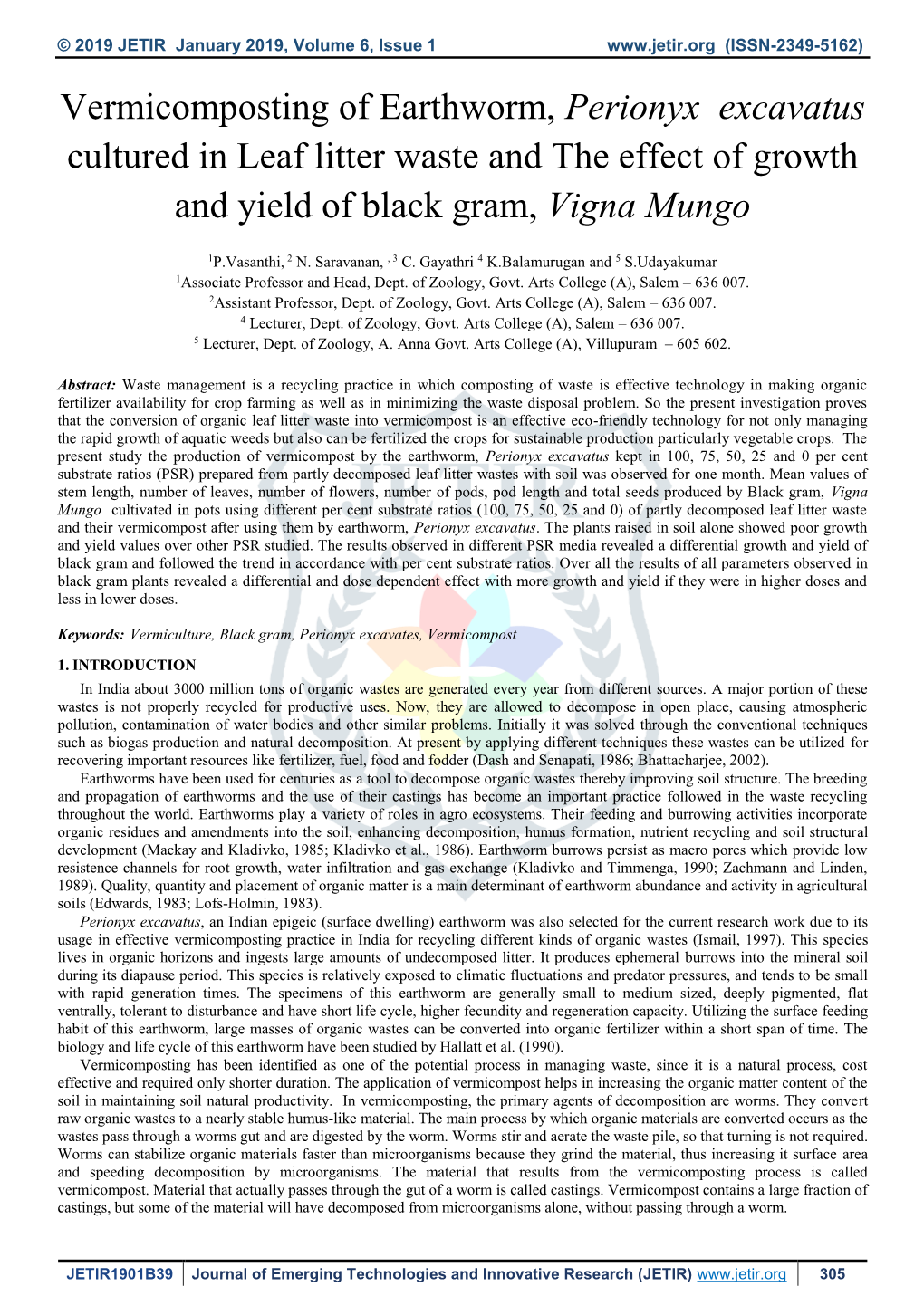 Perionyx Excavatus Cultured in Leaf Litter Waste and the Effect of Growth and Yield of Black Gram, Vigna Mungo