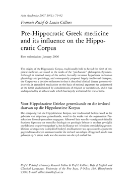 Pre-Hippocratic Greek Medicine and Its Influence on the Hippo- Cratic Corpus