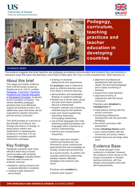 Pedagogy, Curriculum, Teaching Practices and Teacher Education in Developing Countries