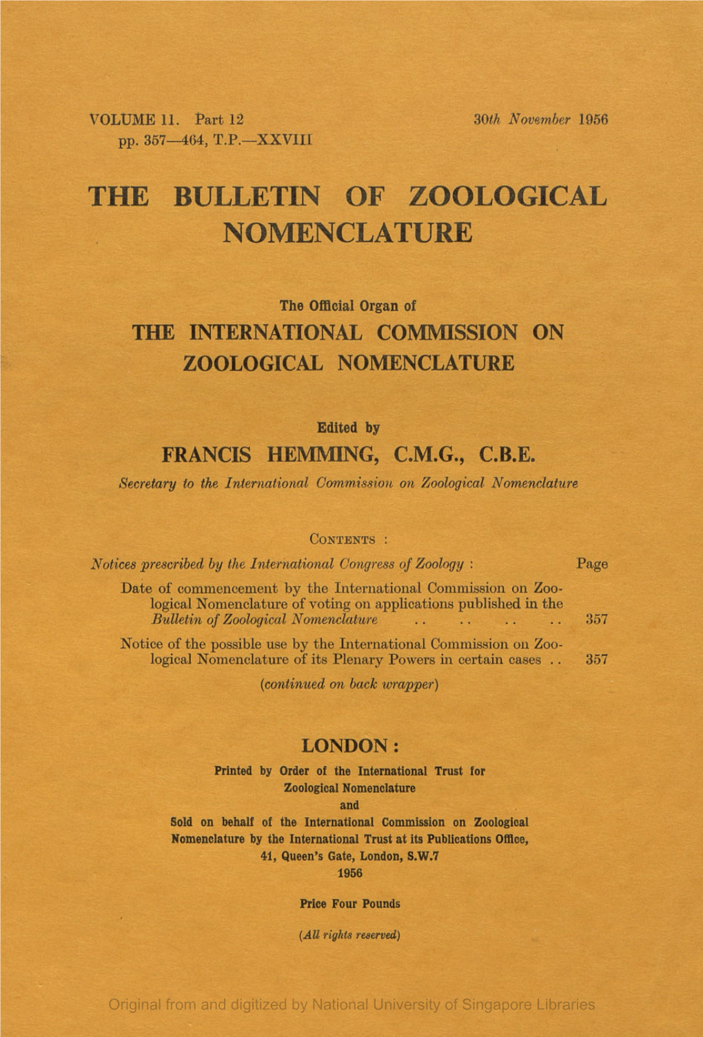 The Bulletin of Zoological Nomenclature. Vol 11, Part 12