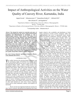 Impact of Anthropological Activities on the Water Quality of Cauvery River, Karnataka, India