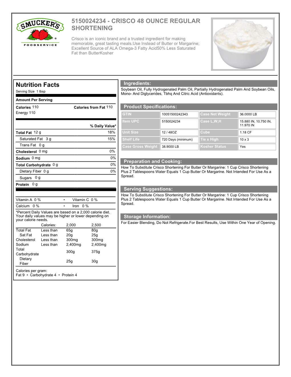 CRISCO 48 OUNCE REGULAR SHORTENING Nutrition Facts