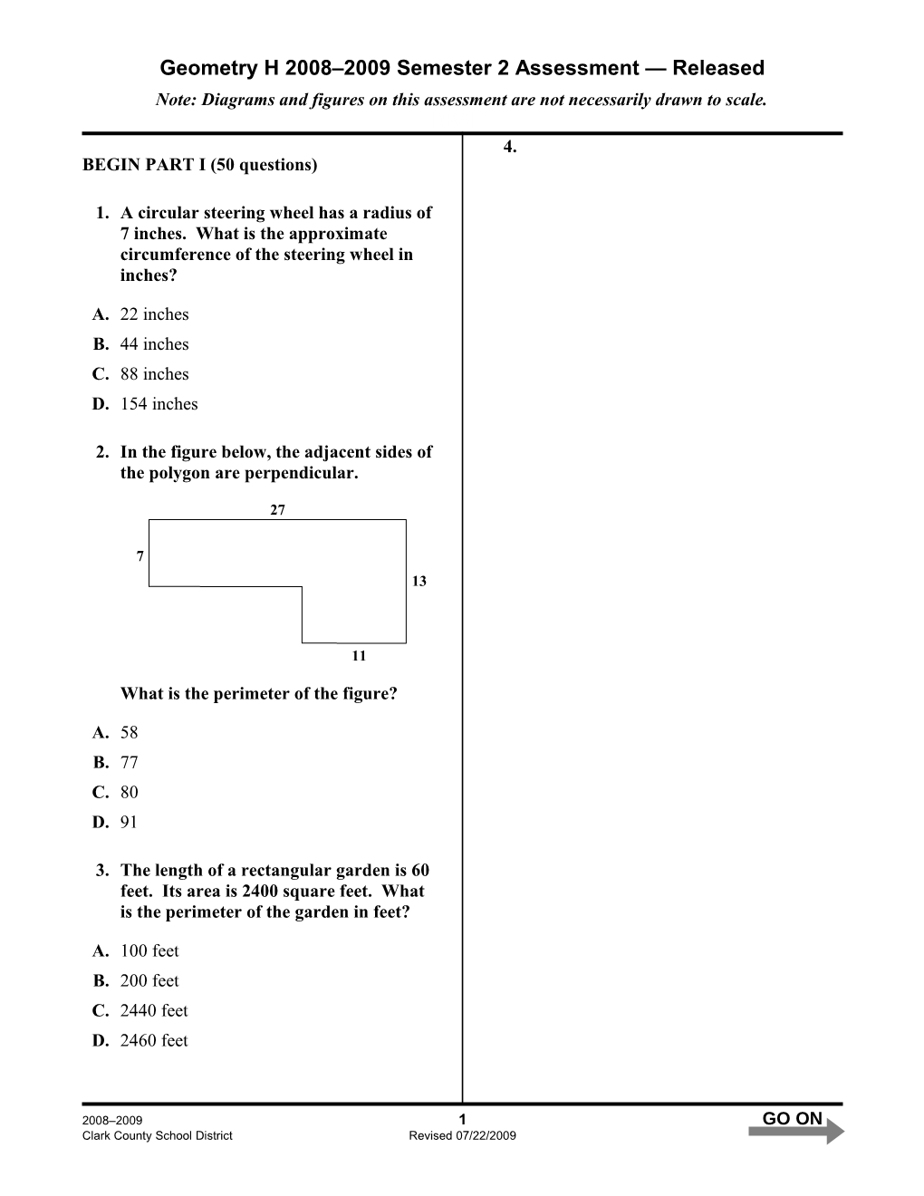 Geometry H 2008 2009 Semester 2 Assessment Released