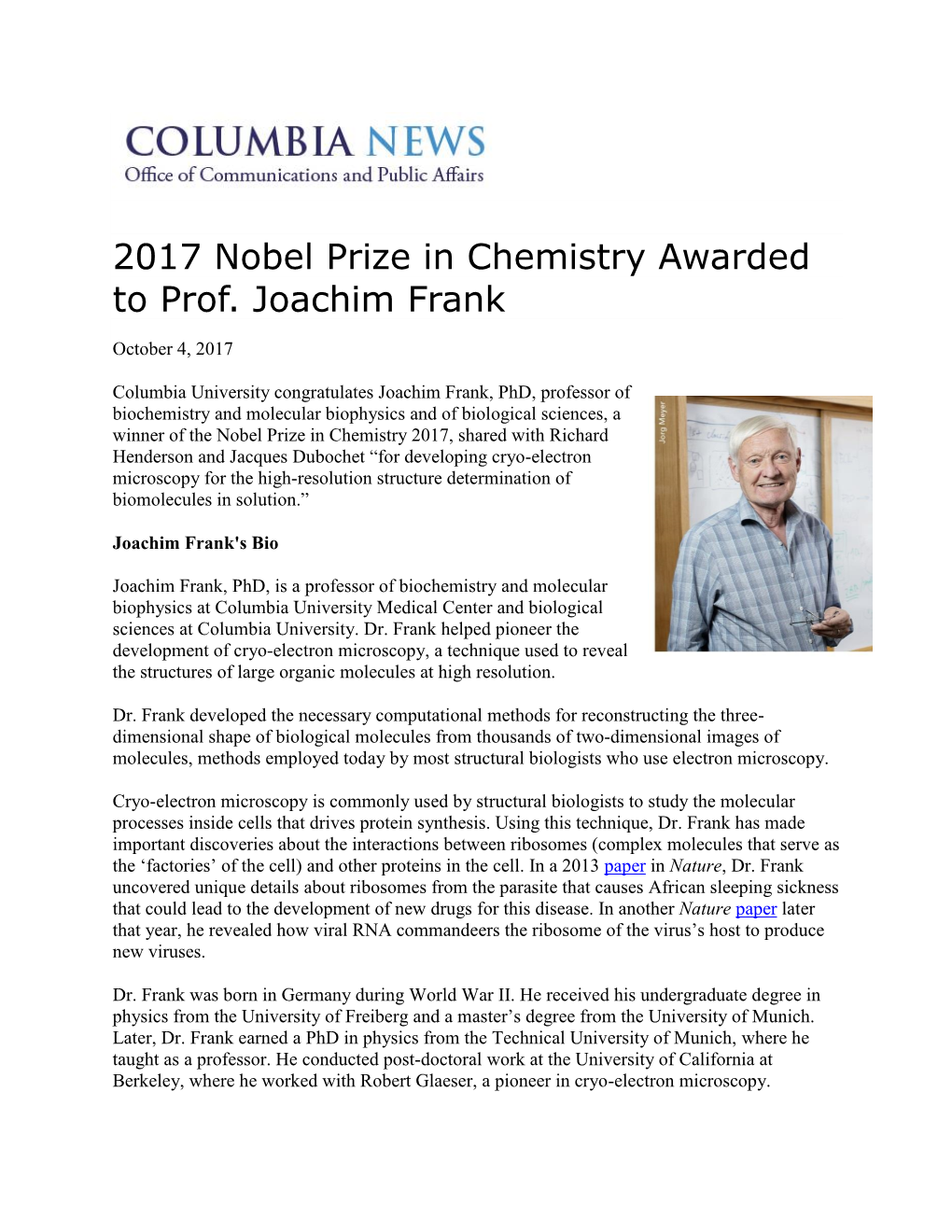 2017 Nobel Prize in Chemistry Awarded to Prof. Joachim Frank